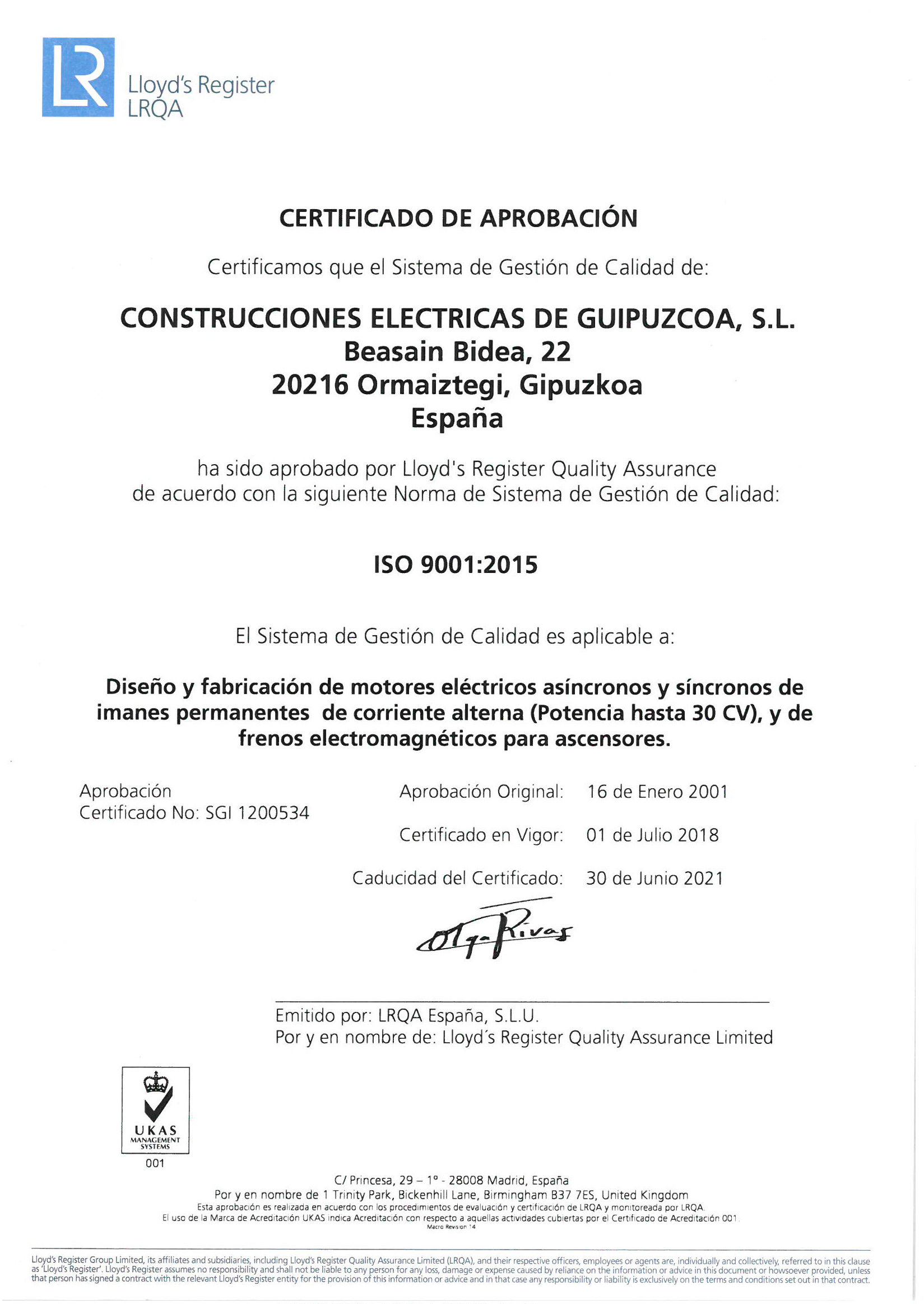 Certificado ISO 9001:2015
